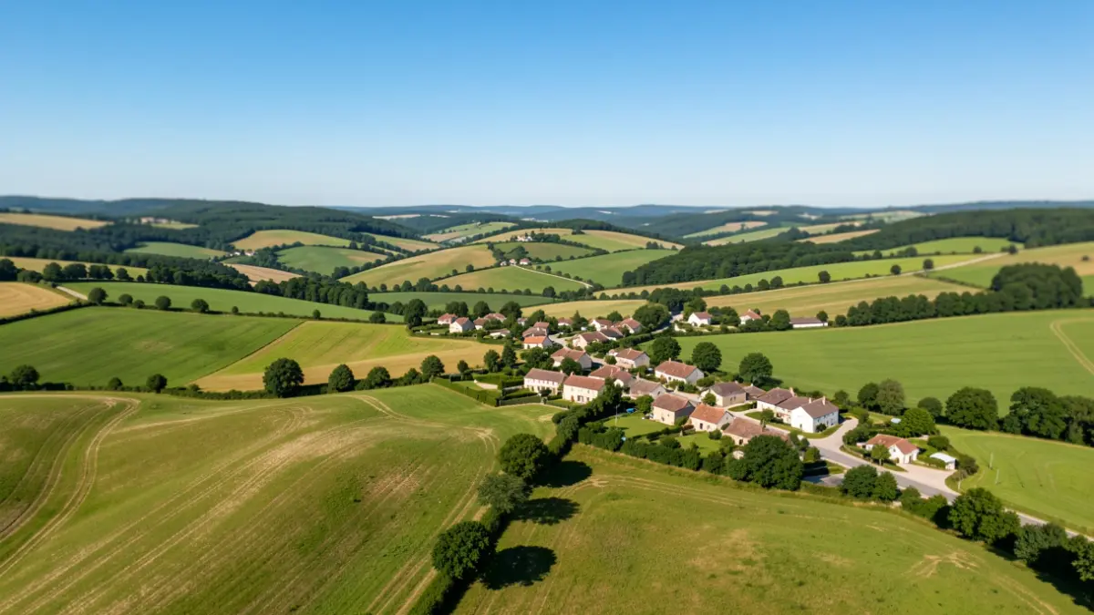 Aerial view of a picturesque French rural landscape in Nouvelle-Aquitaine, featuring scattered villages and green rolling hills under a clear blue sky.