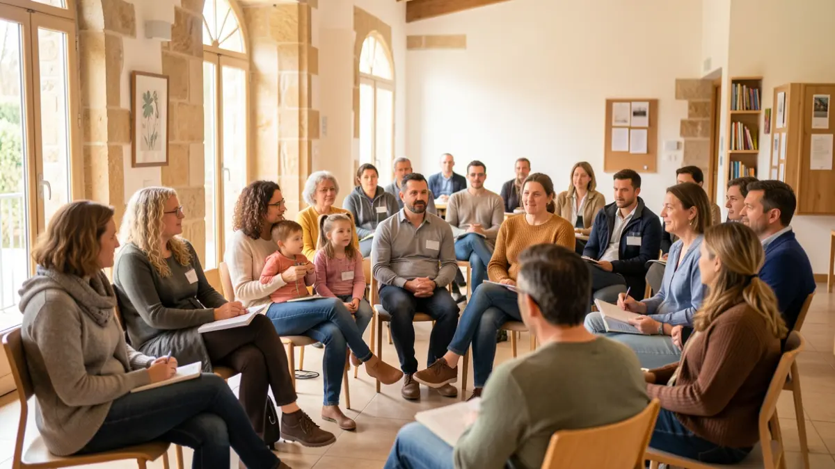 Generic image of parents and professionals attending a parenting conference in a Nouvelle-Aquitaine community center.