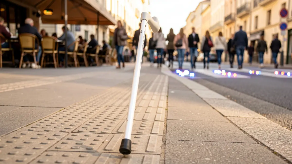 Guide strips and white cane on a sidewalk in Brive-la-Gaillarde.