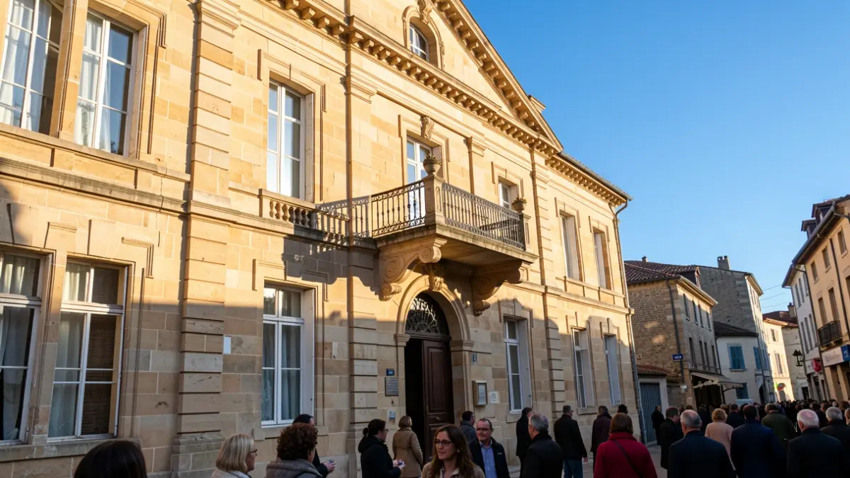 Façade en pierre d'une mairie traditionnelle de Nouvelle-Aquitaine avec balcon orné et balustrade en fer forgé, sous le soleil d'après-midi.