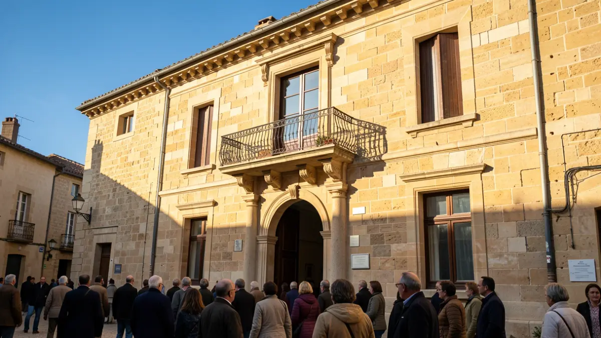 Façade d'un hôtel de ville en pierre de Nouvelle-Aquitaine avec balcon et balustrade en fer forgé, sous le soleil de l'après-midi.