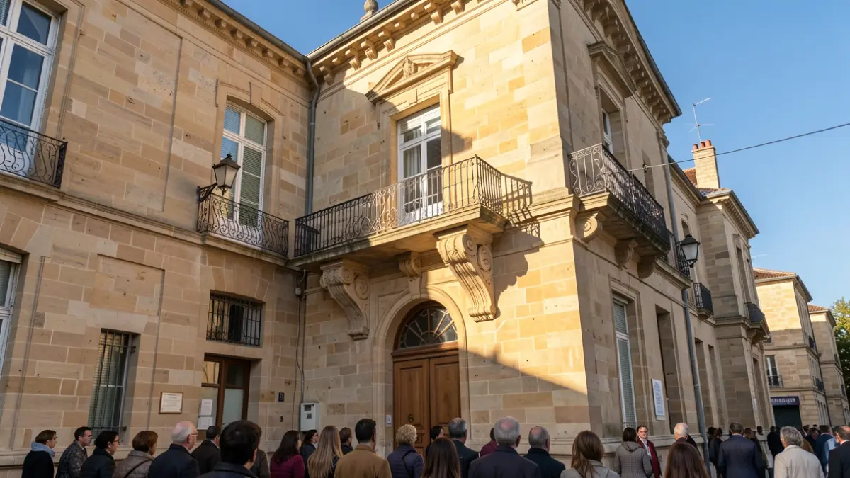 Façade en pierre d'un hôtel de ville de Nouvelle-Aquitaine avec balcon orné et rambardes en fer forgé, soleil d'après-midi chaud projetant des ombres sur les murs en grès, ciel bleu.