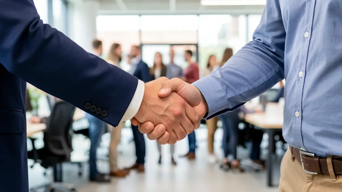Professional handshake in a modern office in Nouvelle-Aquitaine.