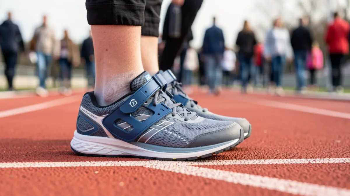 Chaussure de sport avec orthèse visible sur une piste d'athlétisme.