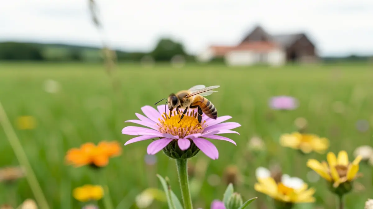 Close-up of a bee on a vibrant wildflower, with a blurred background of green fields and a hint of a farm in the distance, representing biodiversity and agriculture in Nouvelle-Aquitaine. Soft, natural lighting.