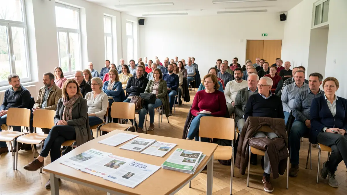 Salle communale aménagée pour un atelier sur l'adaptation du logement.