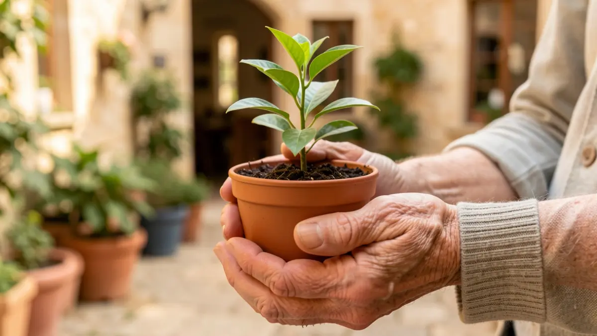 Mains âgées tenant une plante en pot, symbolisant le bien-être et la communauté.