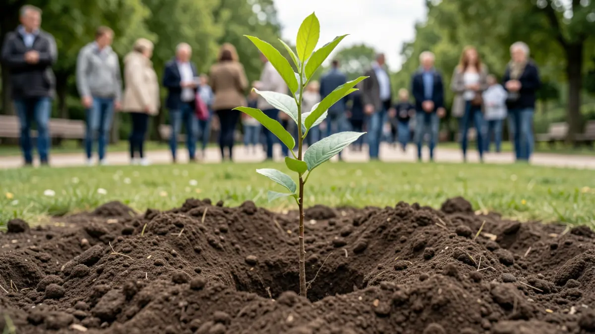 Image générique de plantation d'un jeune arbre dans un parc public.