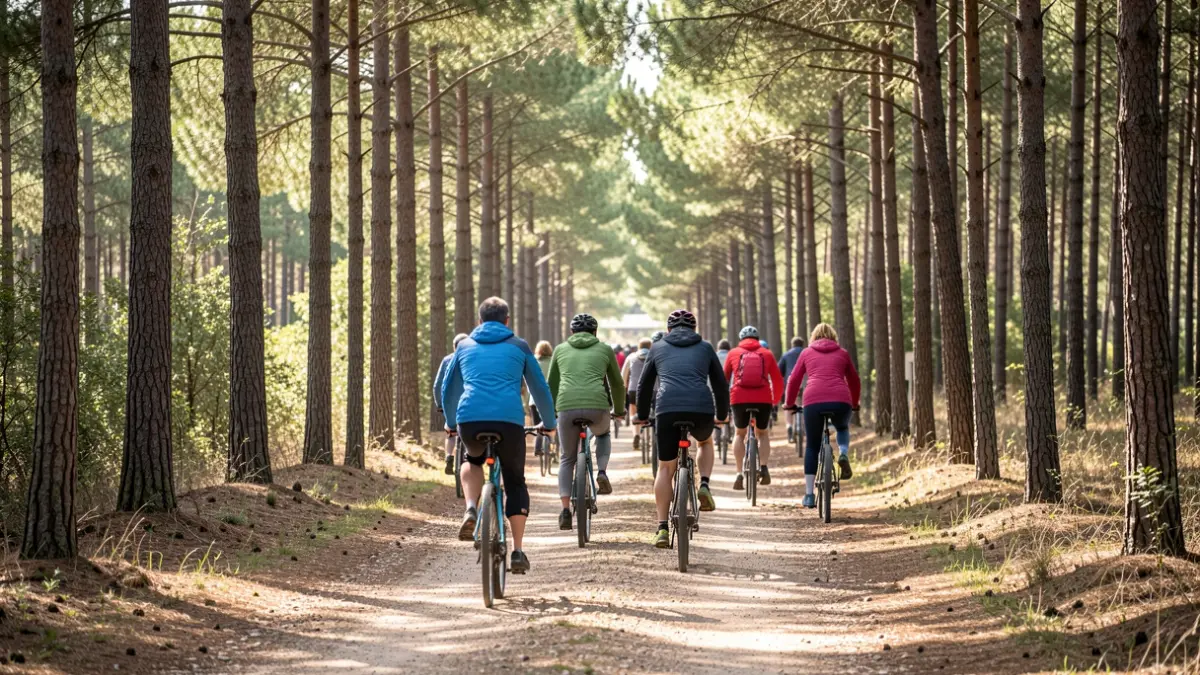 Image générique de cyclistes explorant une forêt de pins en Nouvelle-Aquitaine.