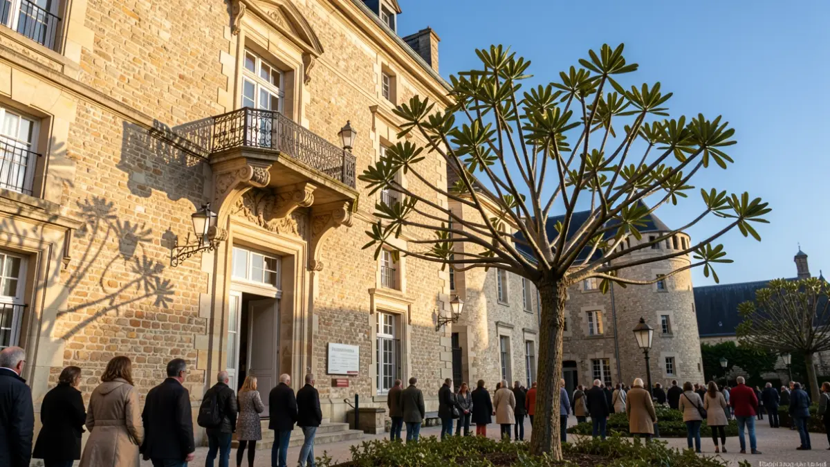 Façade du château d'Espelette avec un balcon orné et des balustrades en fer forgé, soleil d'après-midi chaud projetant des ombres sur les murs en pierre, ciel bleu, style photographie documentaire. Au premier plan, plantation symbolique d'un arbre Davidia involucrata.