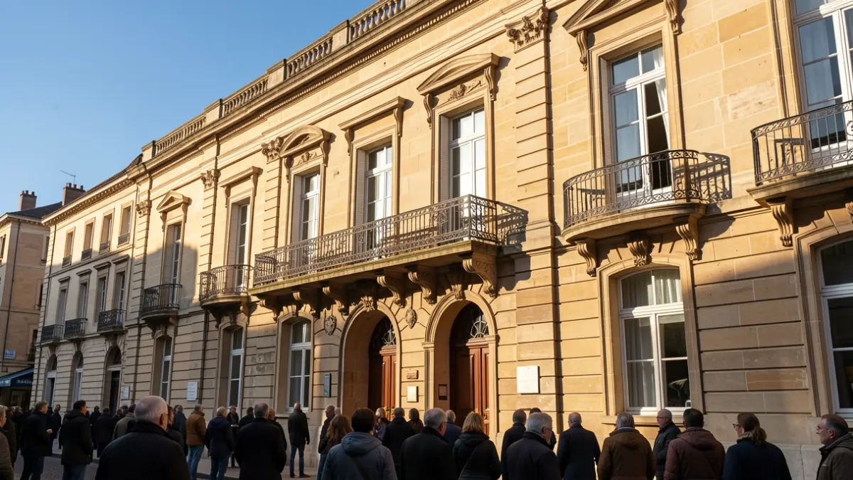 Façade de la mairie de Blaye avec balcons ornés et garde-corps en fer forgé, sous un soleil d'après-midi.