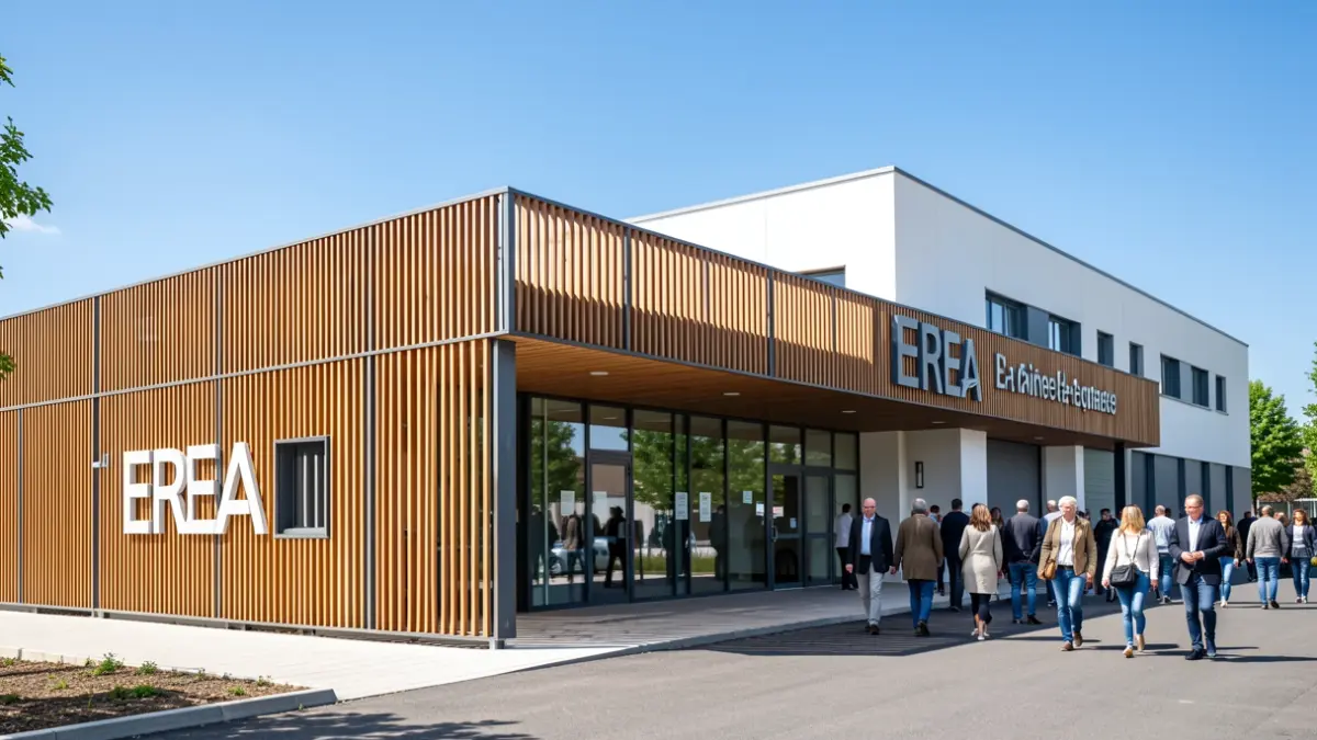 Facade of the EREA La Plaine in Eysines with its new wooden and metal architectural fence and reception canopy.
