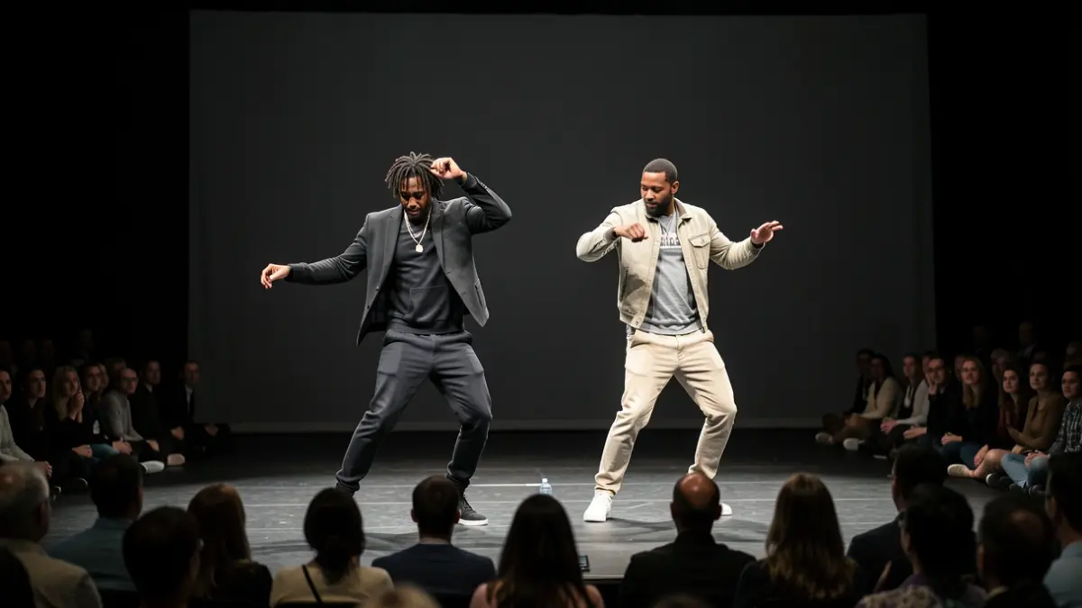 Two hip-hop dancers in motion on a stage, in a minimalist setting.