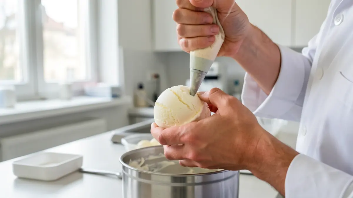 Gros plan sur les mains d'un glacier professionnel décorant une boule de glace avec une poche à douille, dans un laboratoire de cuisine moderne et propre. Lumière naturelle douce. L'accent est mis sur l'artisanat et la précision.