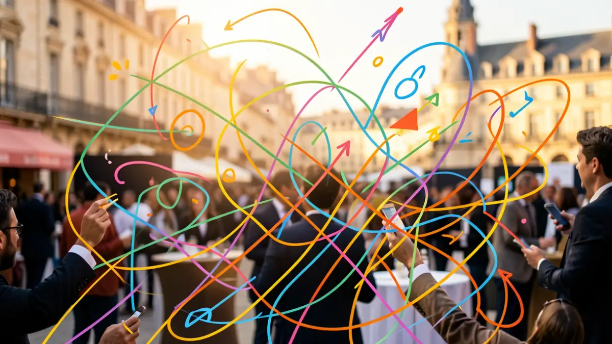 Représentation abstraite et dynamique de projets d'animation présentés lors d'un événement international à Bordeaux.