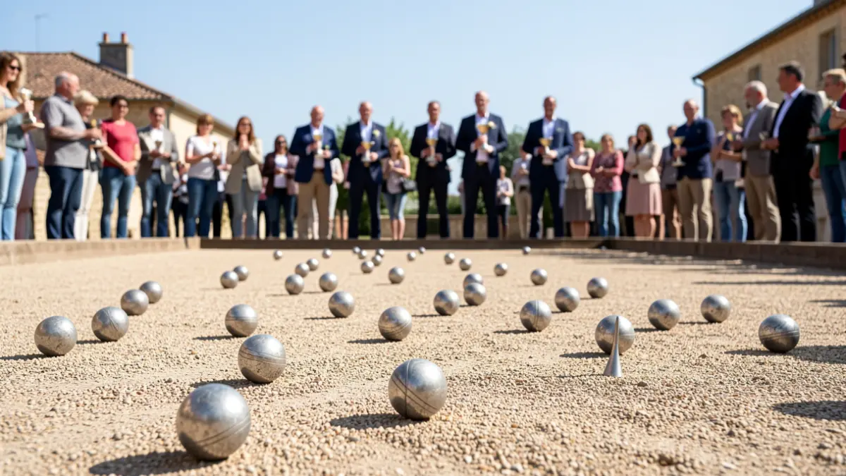 Pétanque court in Foulayronnes with boules and a jack, officials handing out awards in the background.
