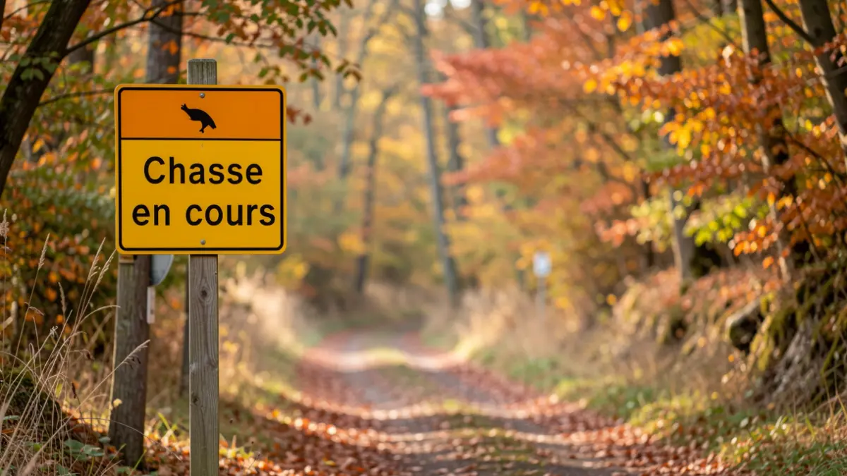 Panneaux de signalisation de chasse en cours à l'entrée d'un sentier forestier en Nouvelle-Aquitaine.