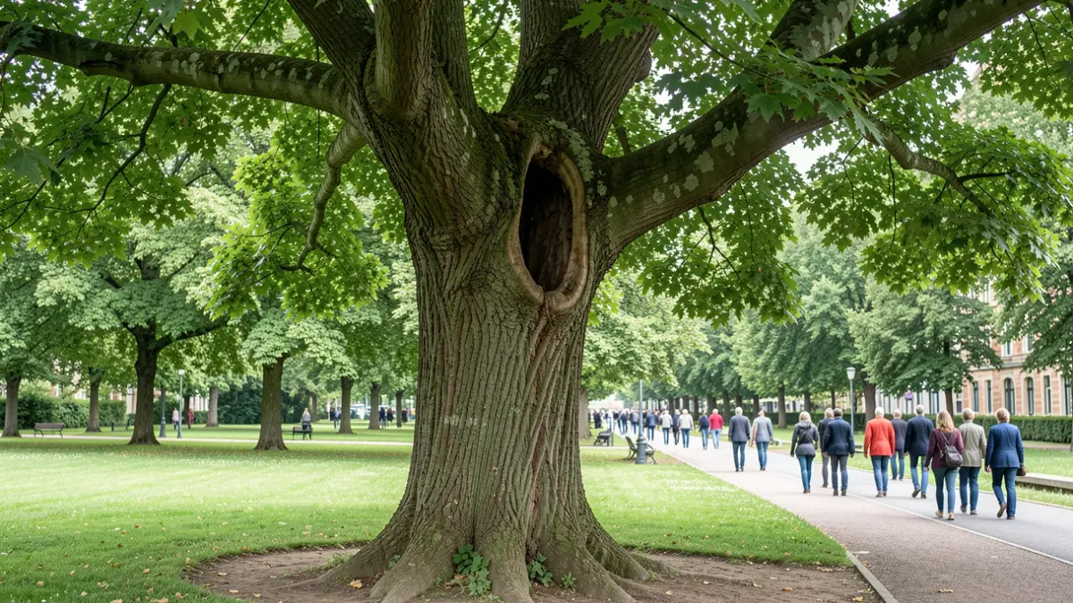 Un grand platane sycomore creux dans le parc de l'Échassier, avec un chemin de promenade à proximité.