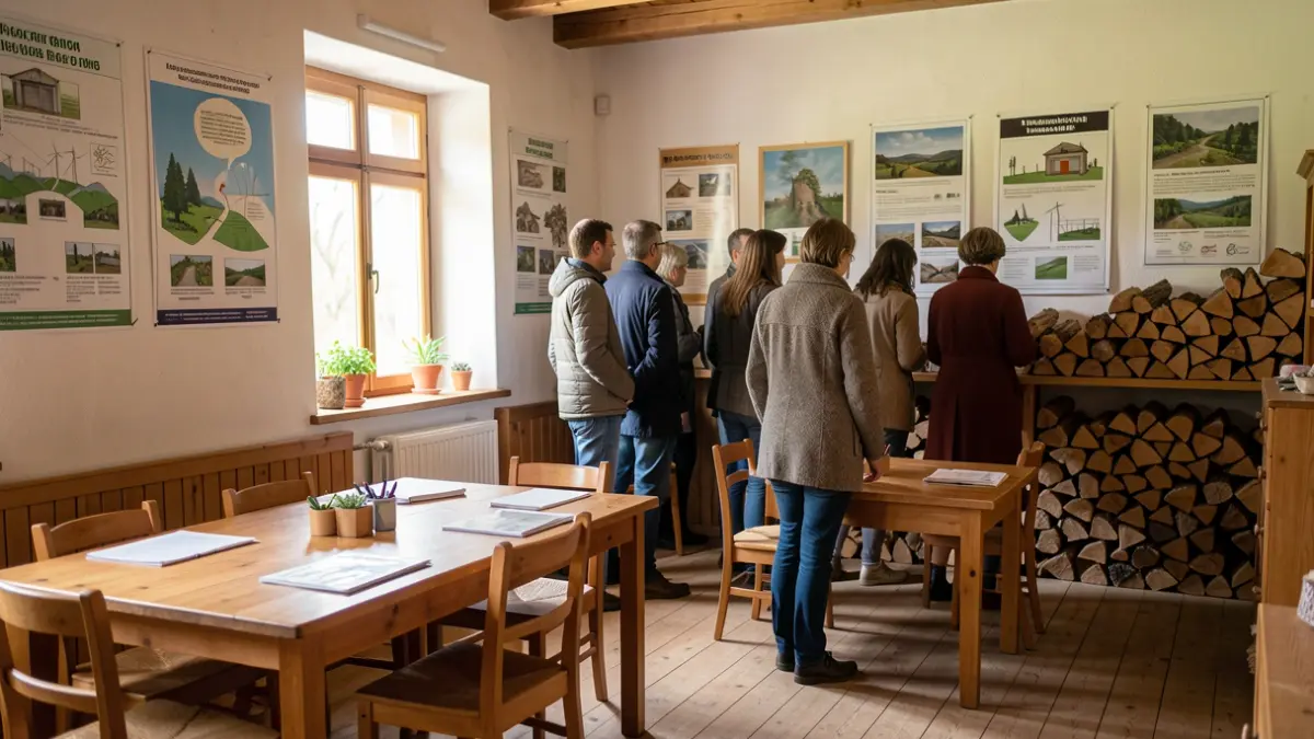 Educational room at the Maison éco-paysanne in Le Grand-Village-Plage, decorated for a meeting on wood heating.
