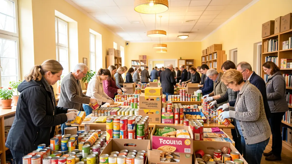 Image générique de bénévoles triant des dons alimentaires dans une salle communautaire.