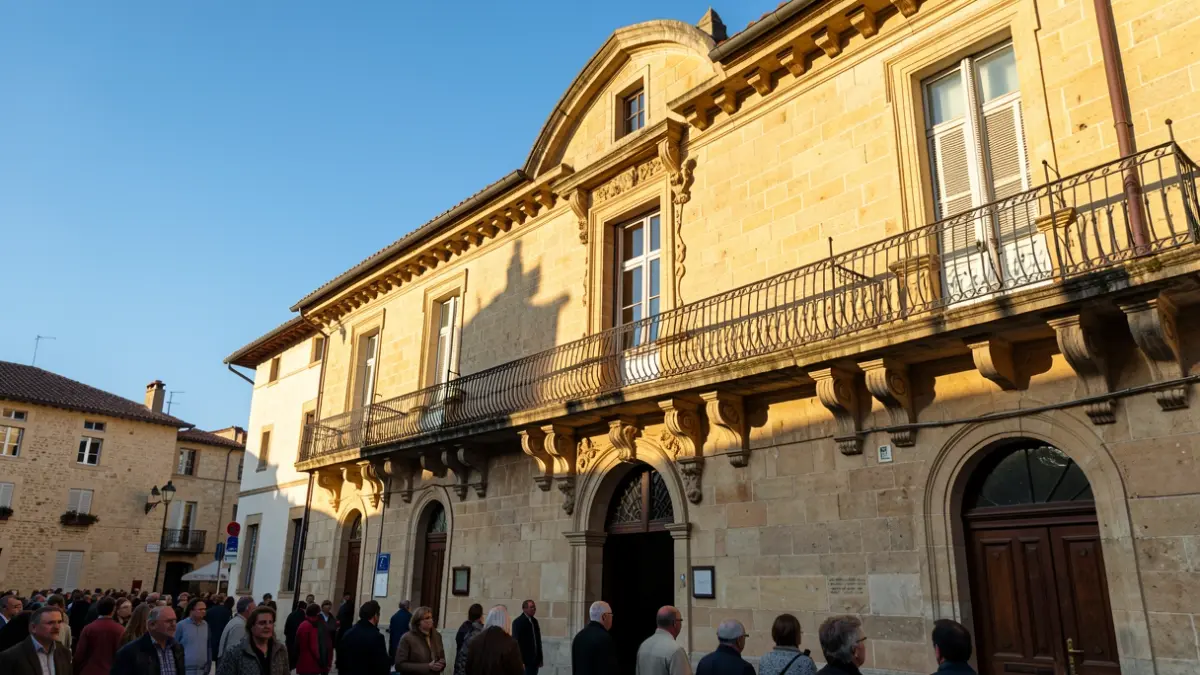Stone facade of a Nouvelle-Aquitaine town hall with an ornate balcony and iron railings, bathed in warm afternoon sunlight.