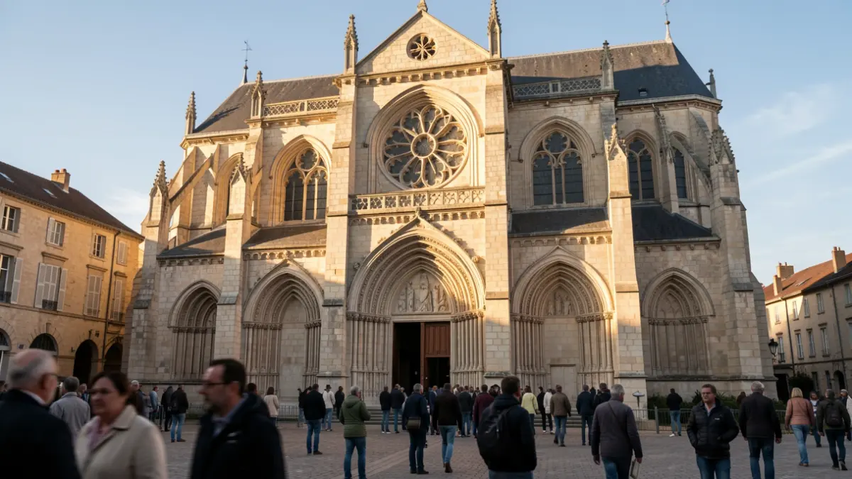 Facade of the Saint-Caprais Cathedral in Agen bathed in afternoon sunlight.