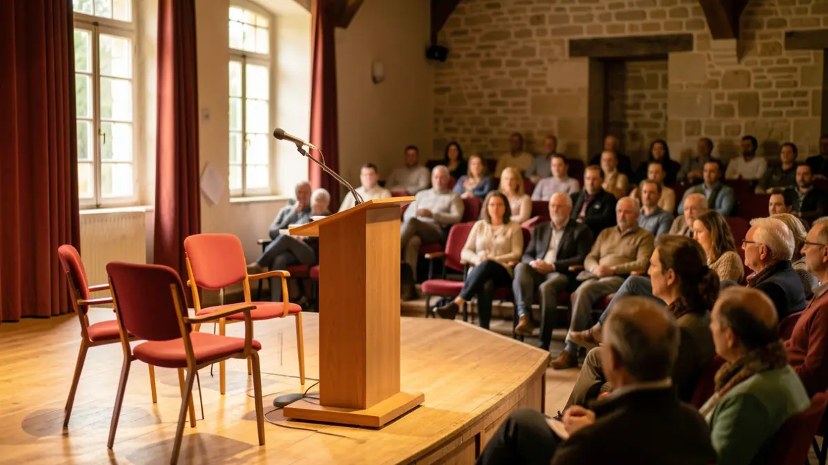 Community hall in Nouvelle-Aquitaine with stage and chairs, warm atmosphere.