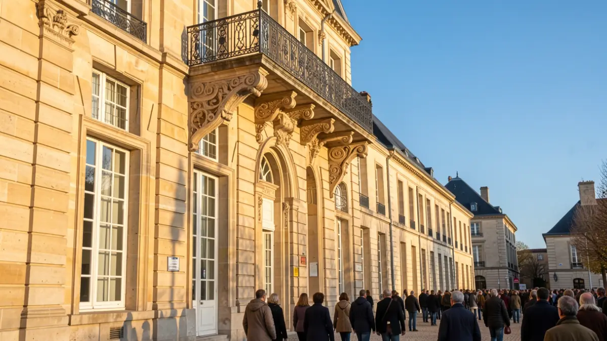 Stone facade of a Nouvelle-Aquitaine town hall with an ornate iron balcony.