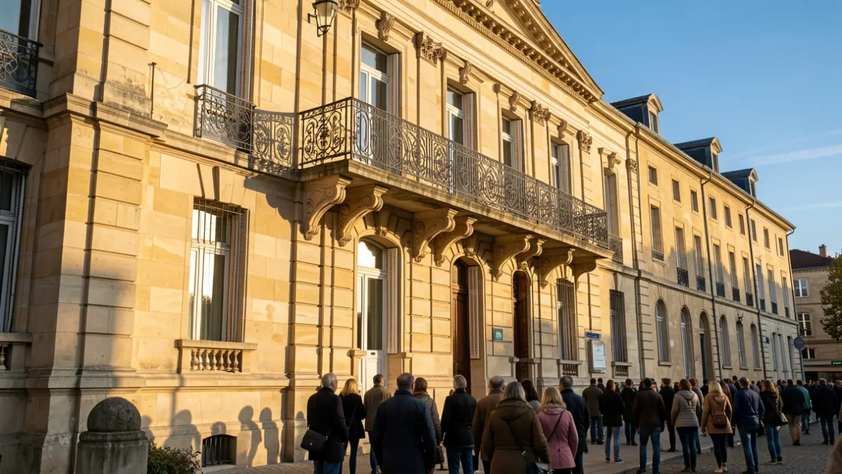 Façade en pierre d'une mairie de Nouvelle-Aquitaine avec balcon orné et balustrade en fer forgé, soleil d'après-midi chaud projetant des ombres sur les murs en grès, ciel bleu.