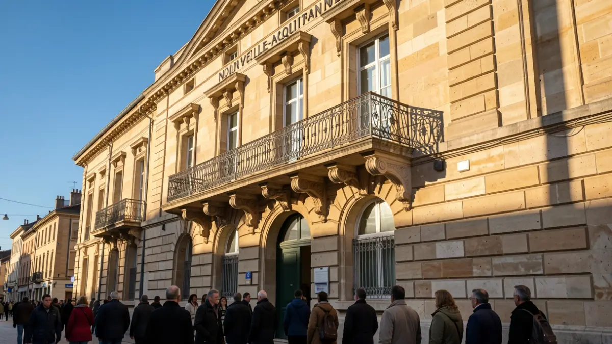 Façade en pierre d'un hôtel de ville de Nouvelle-Aquitaine avec balcon orné et balustrade en fer forgé, soleil d'après-midi chaud projetant des ombres sur les murs en grès, ciel bleu.