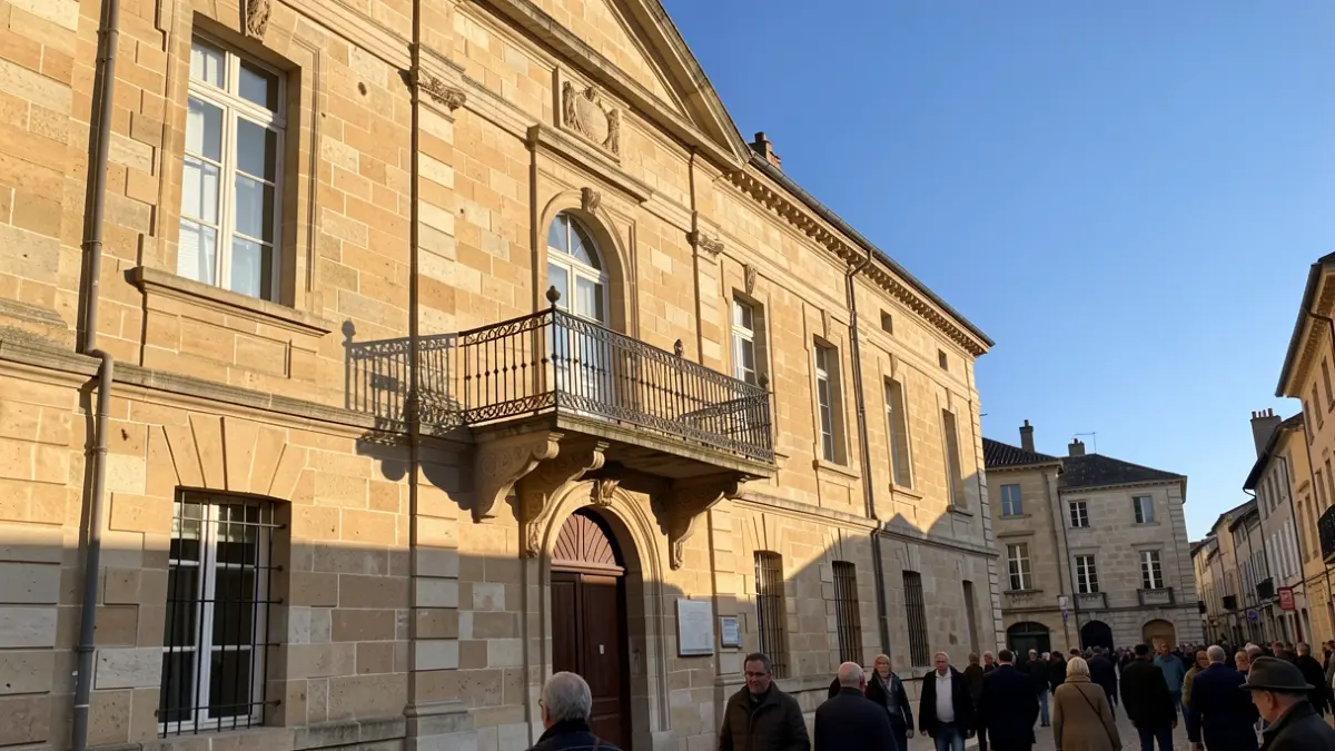 Facade of the Melle town hall, Nouvelle-Aquitaine, with ornate balcony and blue sky.