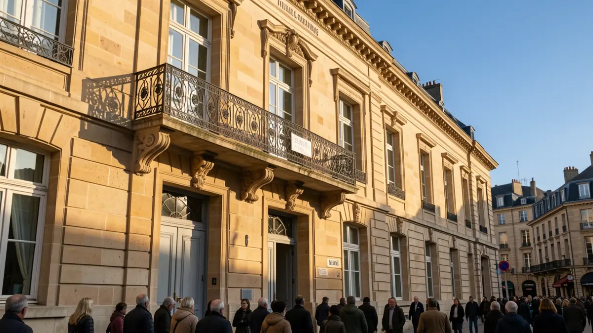 Stone facade of a Nouvelle-Aquitaine town hall with an ornate iron balcony, under the afternoon sun.