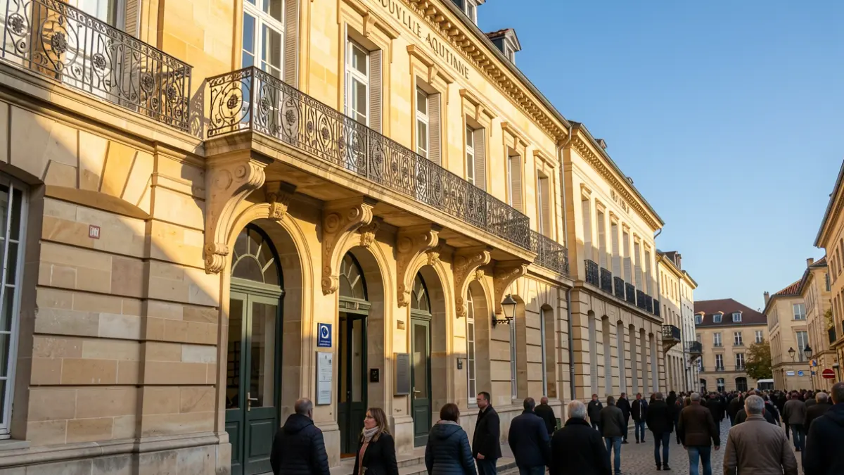 Façade en pierre d'une mairie de Nouvelle-Aquitaine avec balcon orné et balustrade en fer forgé, soleil d'après-midi chaud projetant des ombres sur les murs en grès, ciel bleu, style photographie documentaire.