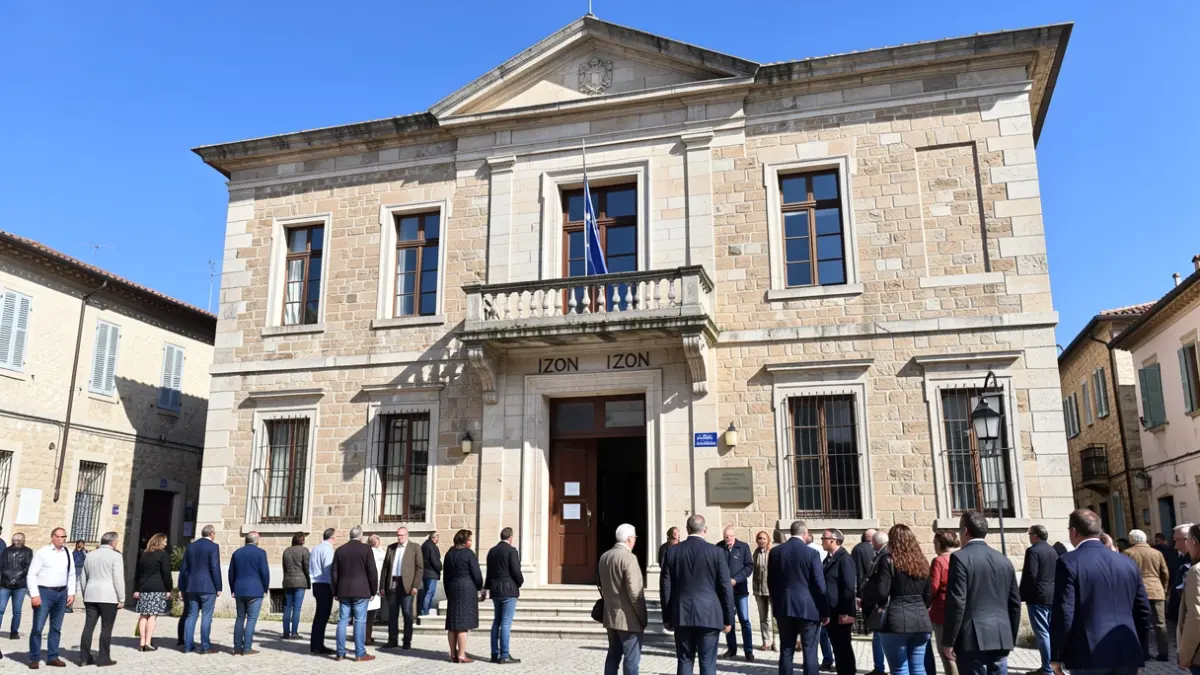 Facade of the Izon town hall, a stone building with a balcony, under a blue sky.