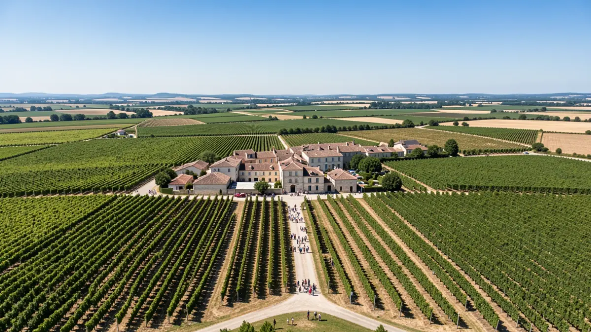 Vue aérienne d'un paysage viticole de Nouvelle-Aquitaine avec une petite ville.