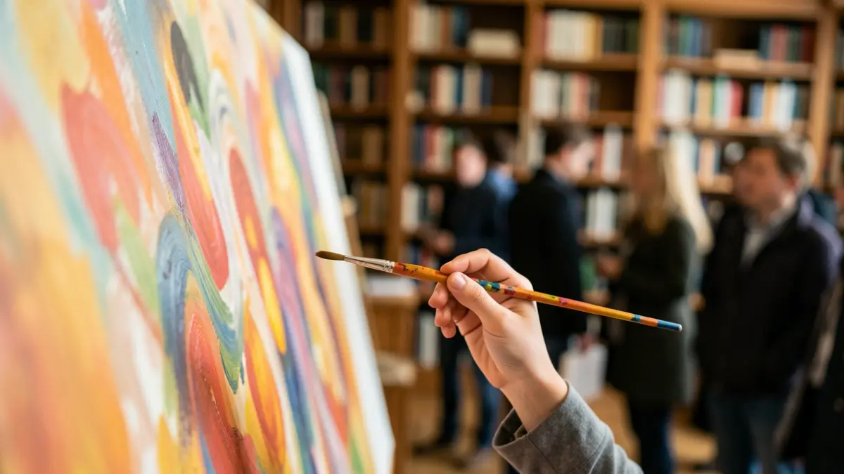 A child's hand holding a small, colorful paintbrush in front of a blurred abstract painting in a library.