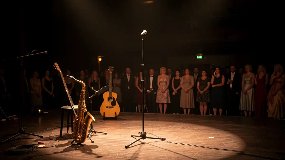 Concert stage with saxophone and guitar in a burlesque cabaret atmosphere.