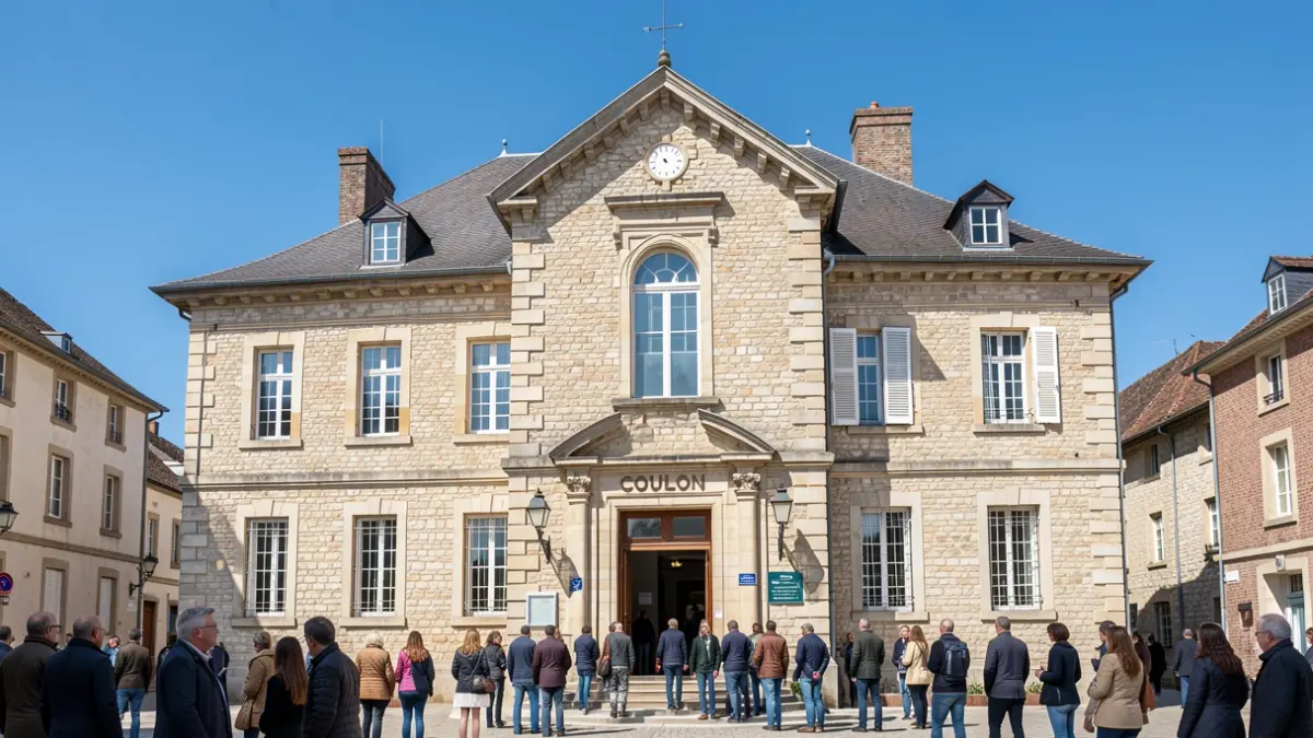 Façade de la mairie de Coulon, un bâtiment en pierre de style régional sous un ciel bleu.