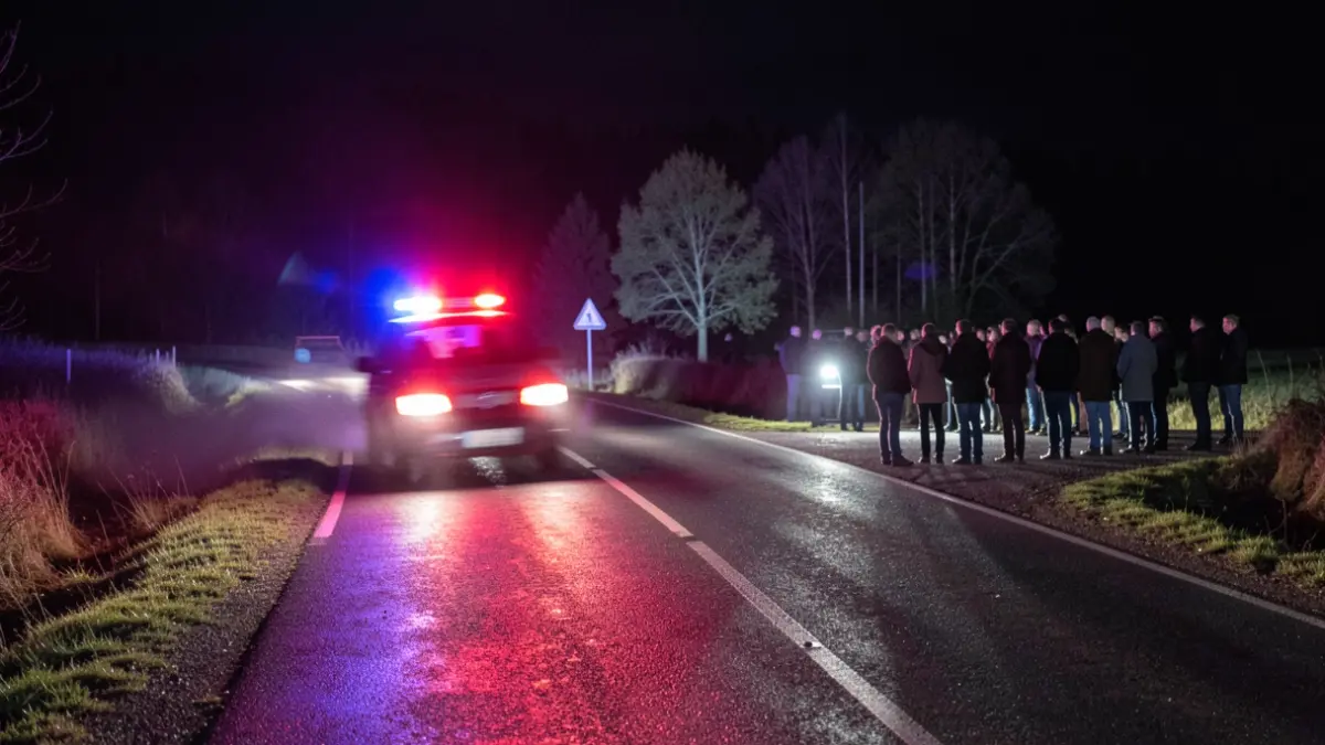 Generic image of blue and red emergency lights on a wet road at night, in a wooded environment.