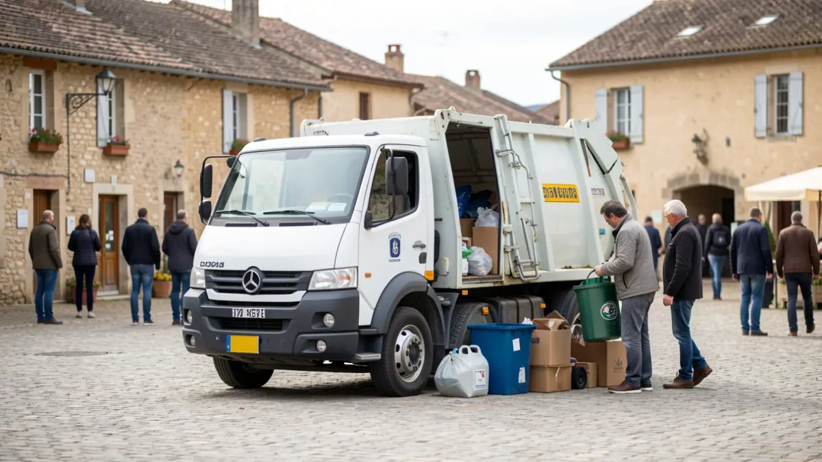 Mobile waste disposal truck in a village in Creuse, Nouvelle-Aquitaine.