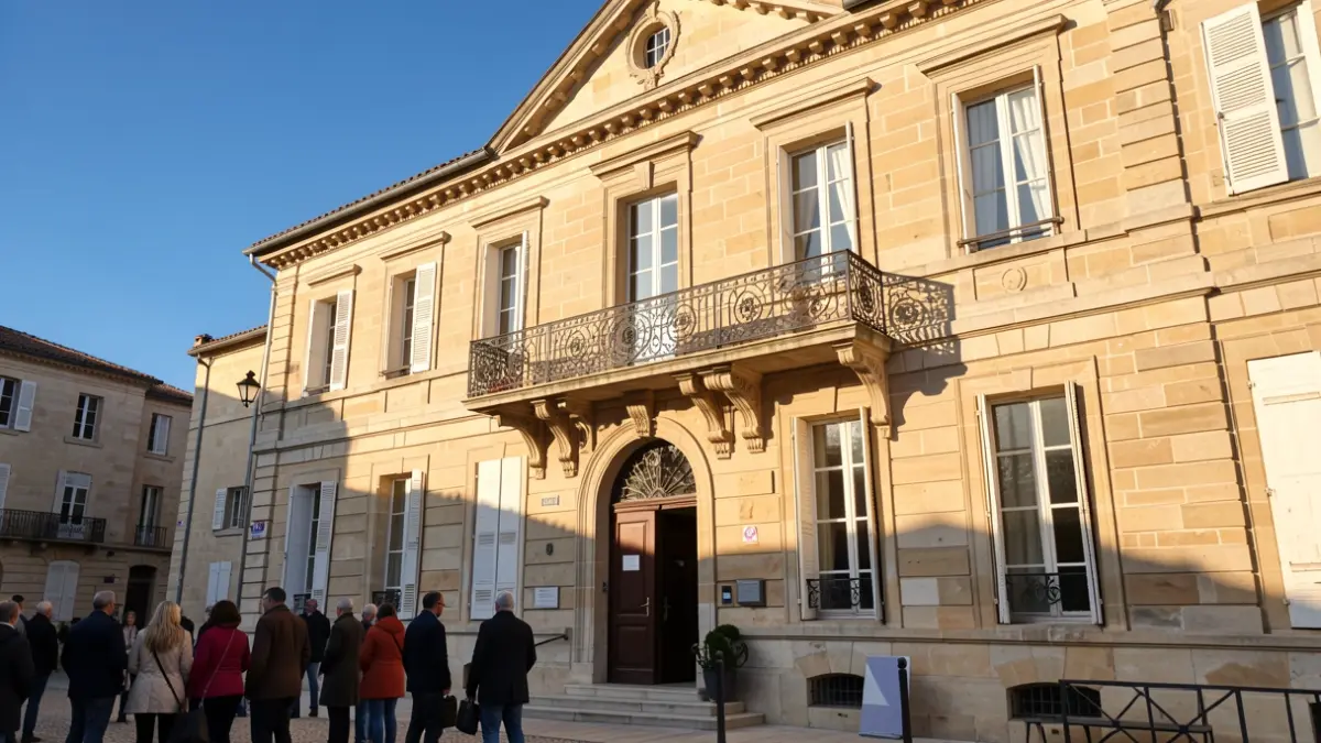 Facade of the Arès town hall, a stone building with an iron balcony, illuminated by afternoon sun.