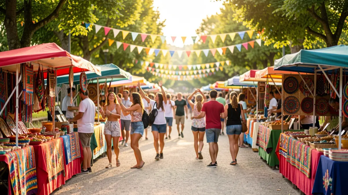 Lively street scene of the Toros y Salsa festival in Dax, with Latin American craft stalls and dancers in the background.