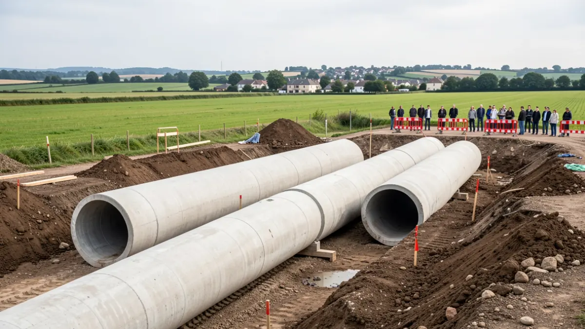 Chantier de dévoiement du ruisseau des Chers avec pose de dalots en béton.