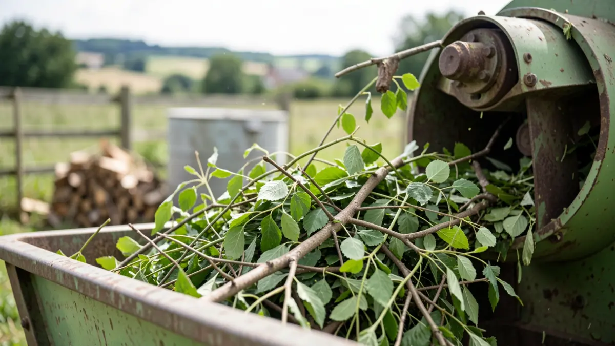 Green waste being shredded for composting in a garden.
