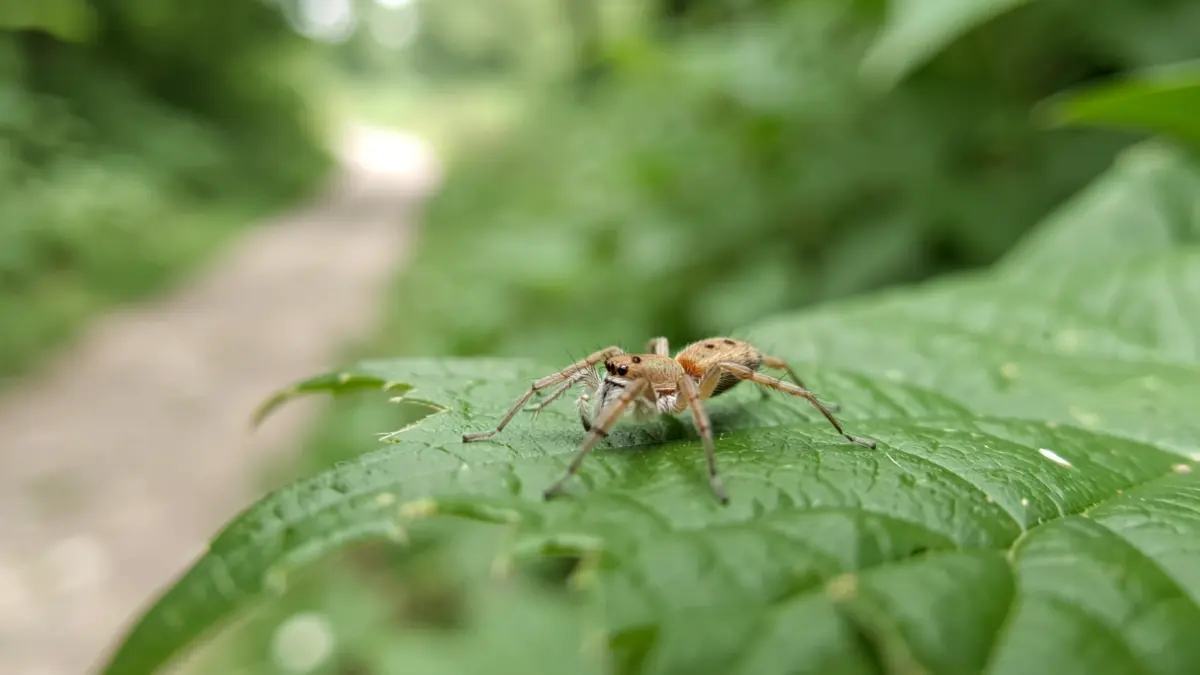 Gros plan d'une araignée sur une feuille, avec un arrière-plan flou de feuillage vert et un aperçu d'un sentier de nature, éclairage naturel doux.