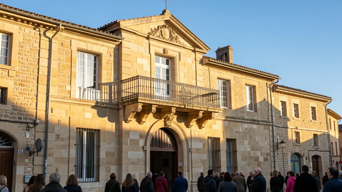 Façade d'un hôtel de ville en pierre de Nouvelle-Aquitaine avec balcon orné et balustrade en fer forgé, sous un soleil d'après-midi.