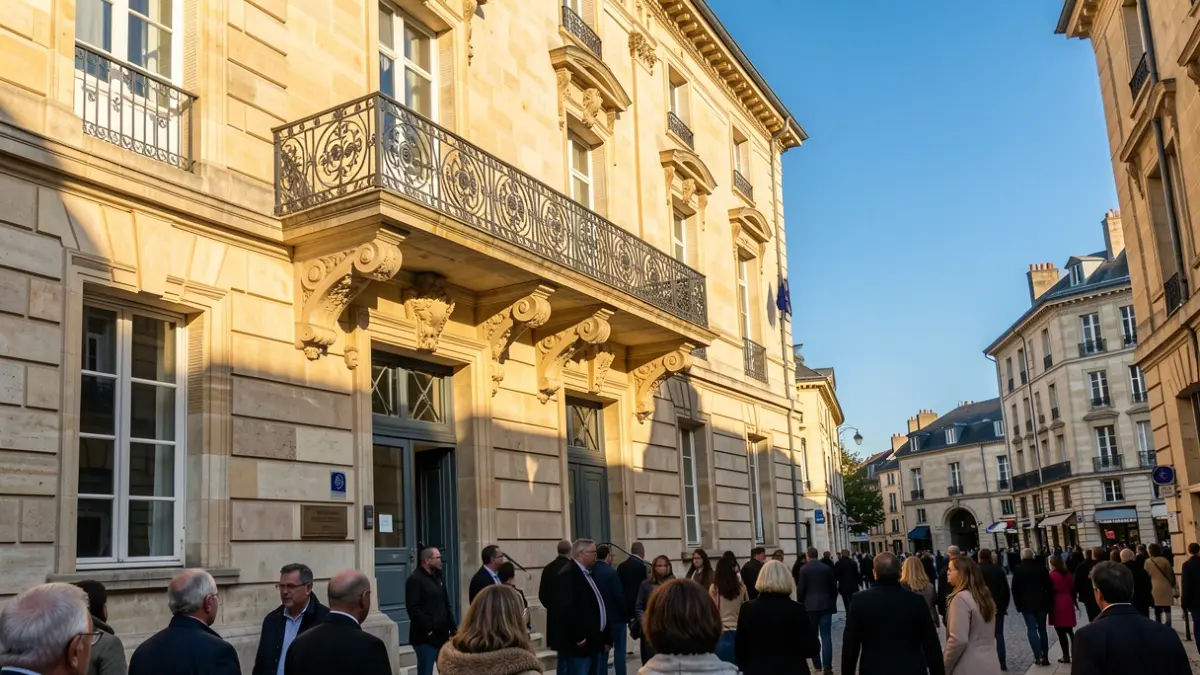 Stone facade of a Nouvelle-Aquitaine town hall with an ornate iron balcony, warm afternoon sunlight.