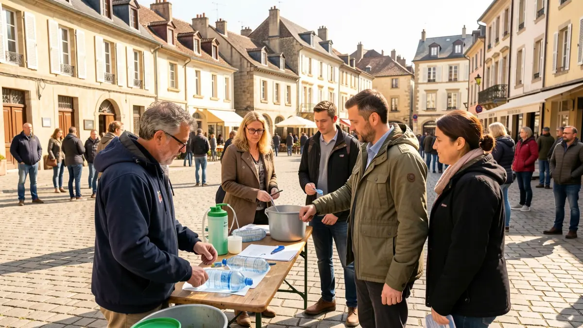 Image générique d'une sensibilisation aux économies d'eau sur un marché local.