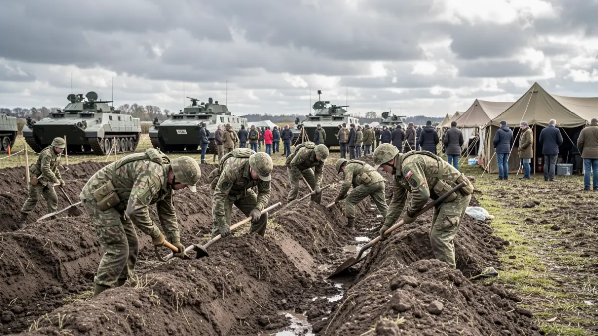 Des militaires creusent des tranchées dans un champ boueux, avec des véhicules blindés en arrière-plan.