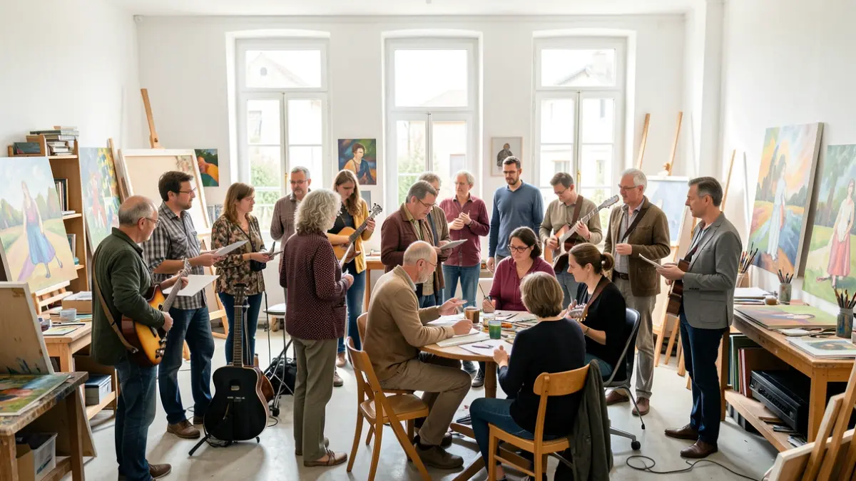 Des artistes amateurs travaillent ensemble dans un atelier créatif en Nouvelle-Aquitaine.